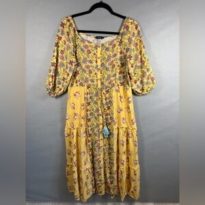 Elegant Floral Long Sleeve Dress in Yellow